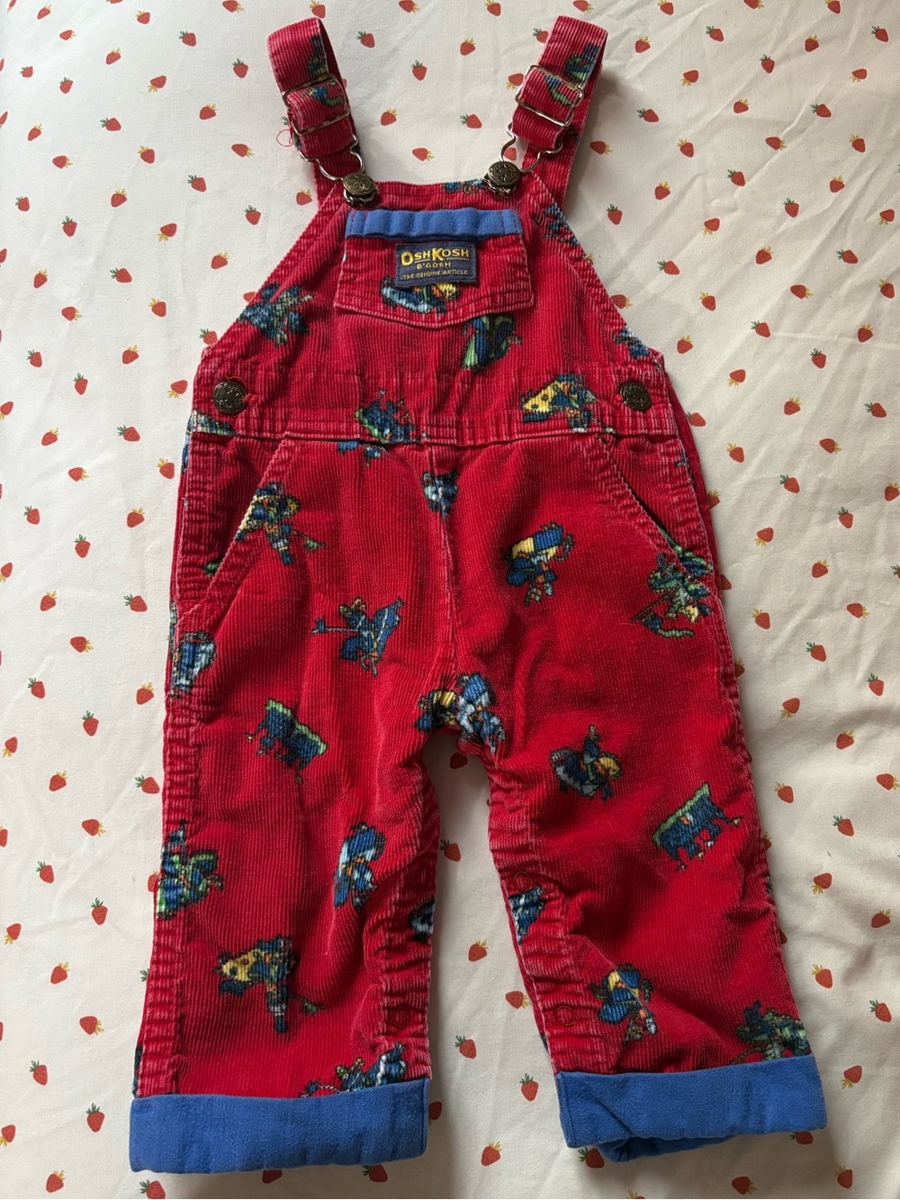 90’s Oshkosh 6/9 Months Corduroy Vestbak Overalls Knights Horse Primary Colours